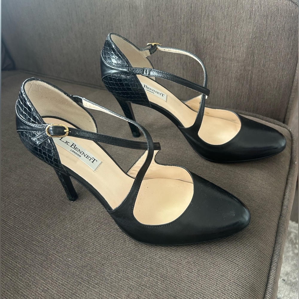 LK Bennett UK Black and Snakeskin Heels, Size 38 (Size 8)